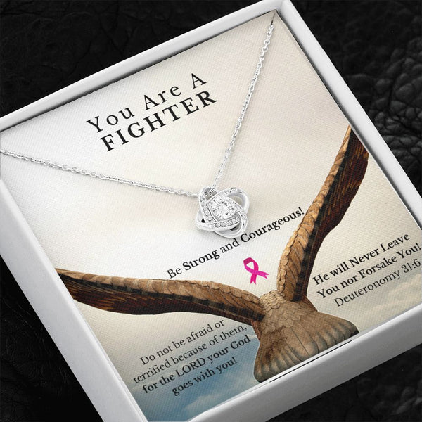 Deuteronomy 31:6 scripture behind a beautiful pendant embellished with premium cubic zirconia crystals. Encourage a love one that they are a fighter through cancer awareness month.